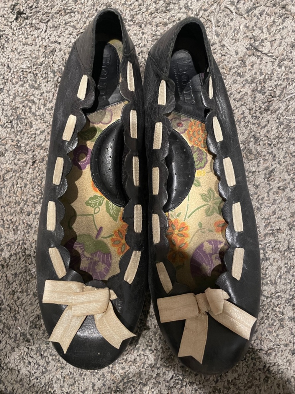 Born Black Ballet Flats with Cream Bow Trim